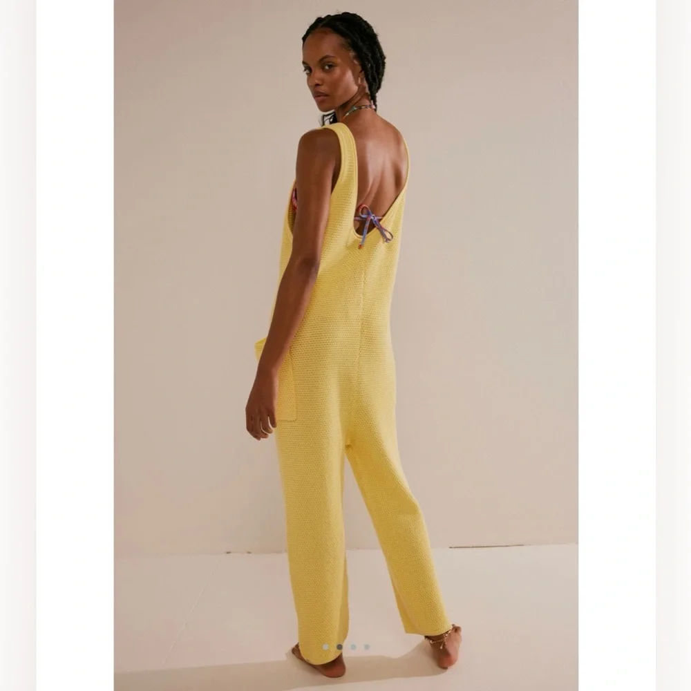 NWT FREE PEOPLE XS Hailee Sweater Jumpsuit Romper Yellow Tansy NEW FP BEACH - Picture 2 of 5